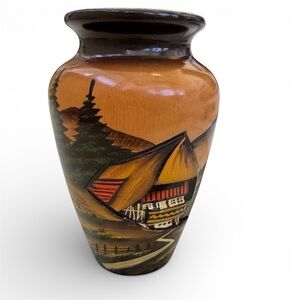 Handcrafted Wood Vase. Features a Cabin and Mountain scene. Vibrant Colors.